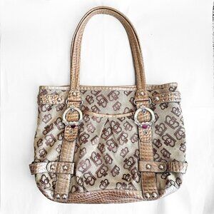 Kathy Van Zeeland Crown Print Canvas Studded Y2K Purse Shoulder / Hand Bag Beige